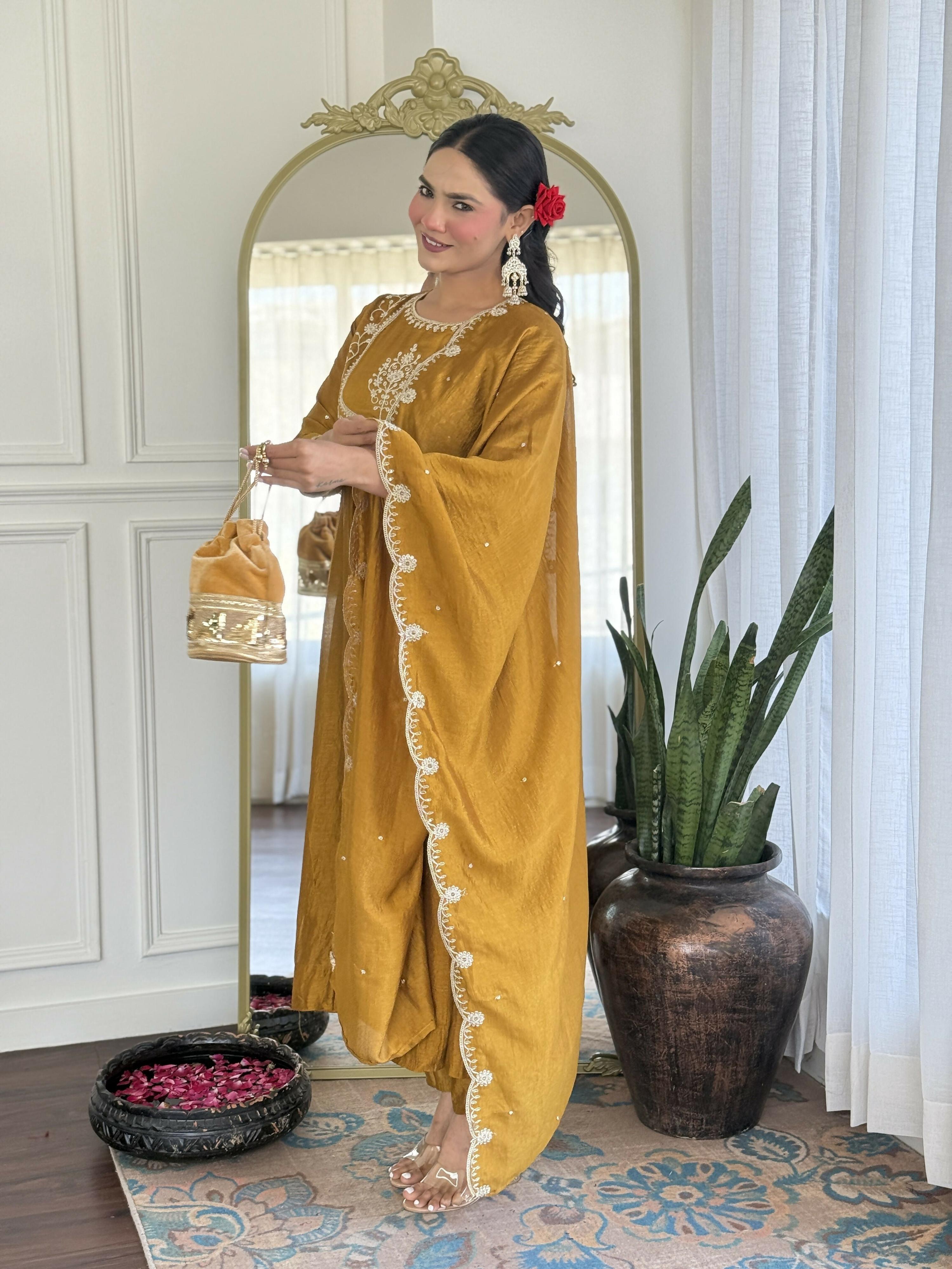 The52 Mustard Women's Gorgeous Embroidered Vichitra Silk Fabric Flared Kurta Pant with Dupatta Set