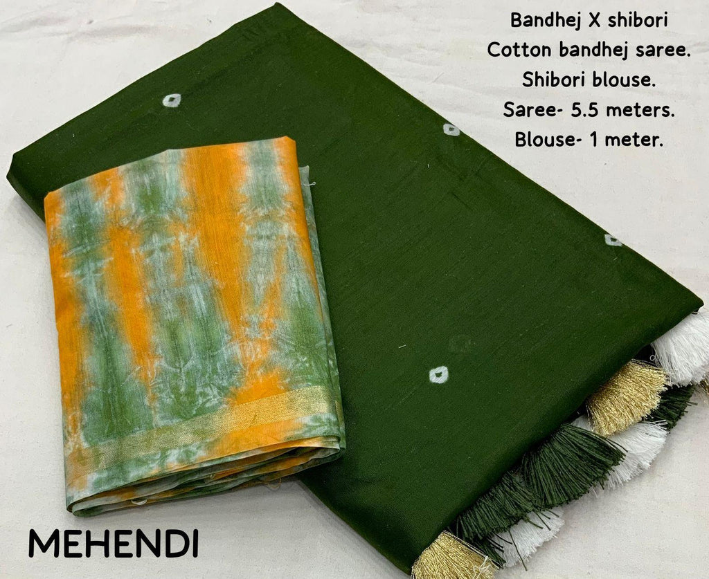 Mehndi Chanderi Cotton Block Print Saree with Unstitched Blouse - Hiral Fashion