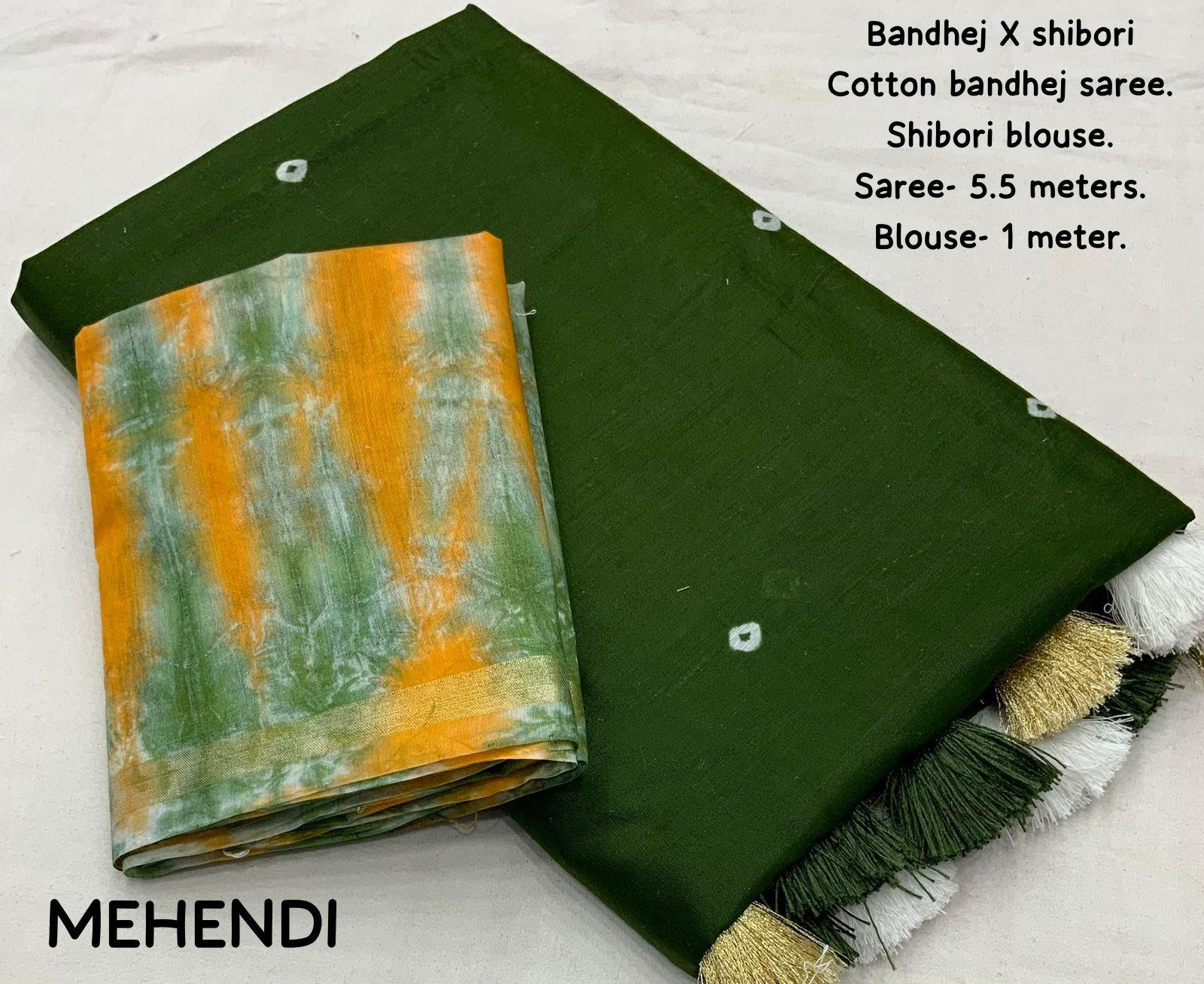 Mehndi Chanderi Cotton Block Print Saree with Unstitched Blouse - Hiral Fashion
