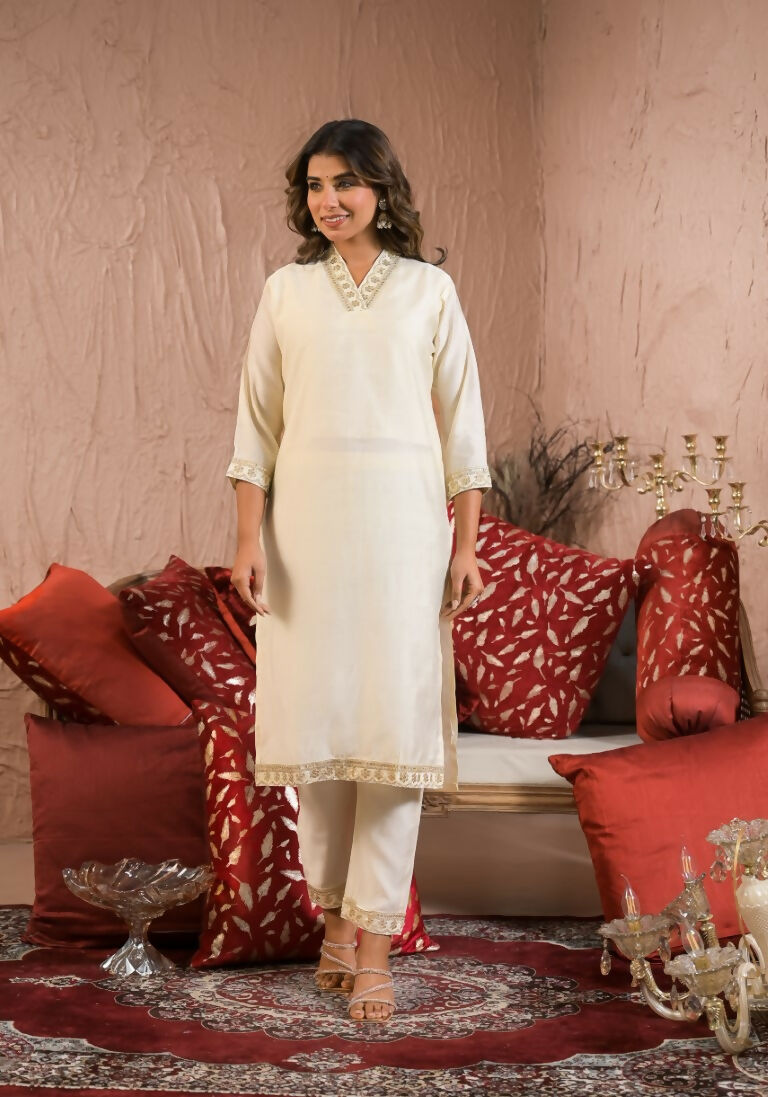 Ethnic Festive Wear Reyon Slub Off White Stitched Suit With Dupatta - Tanisha