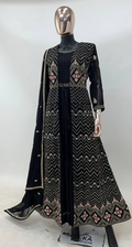 Lorenvalley Fashion Black Faux Georgette Embroidery Work Gown Jacket Stitched