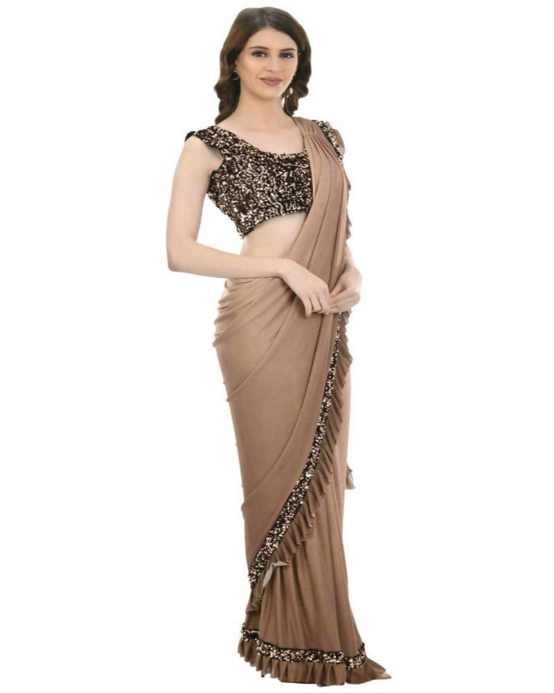 Mominos Fashion All Season Wear Camel Colour Shaded Ruffled Ready To Wear Saree