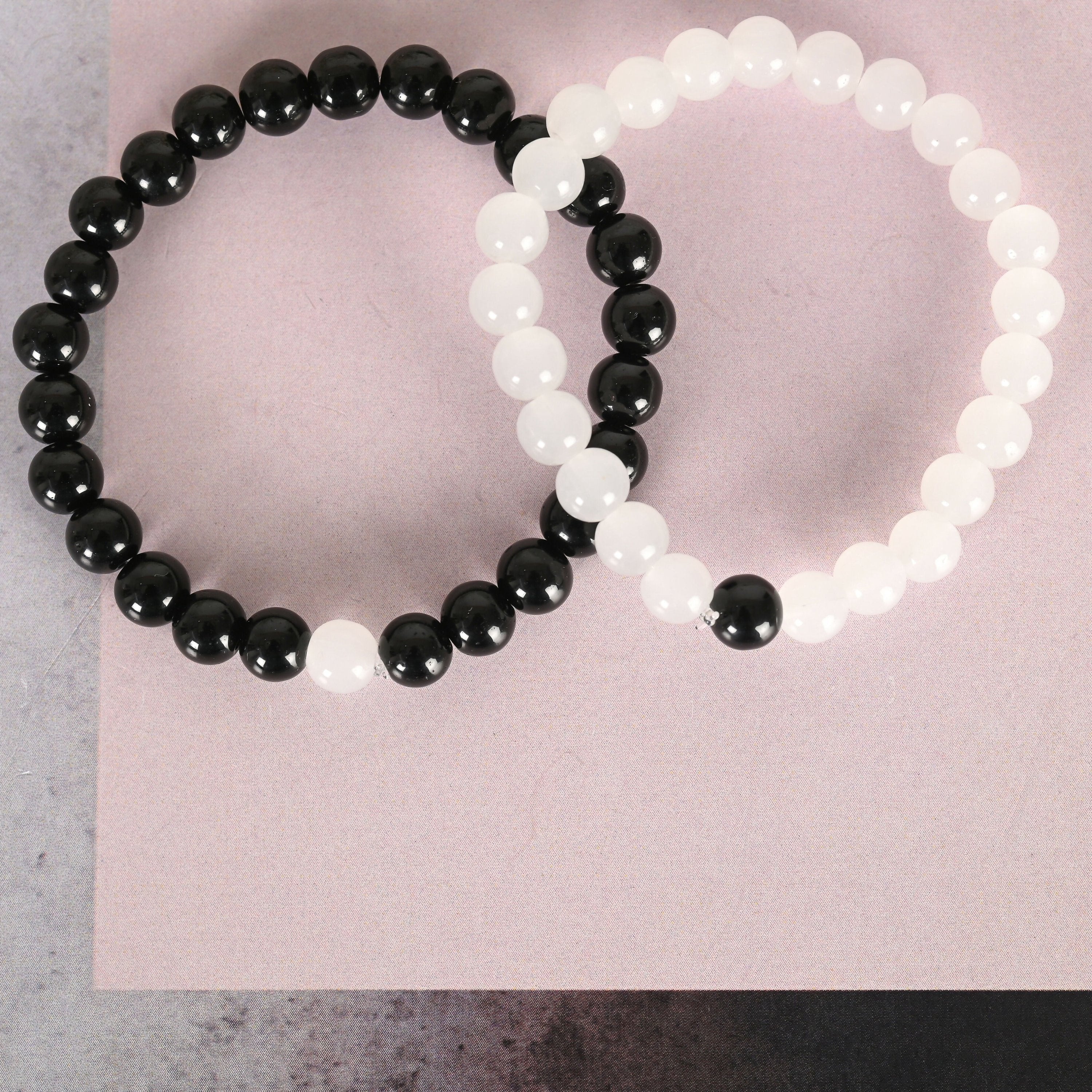 NVR Men & Women White & Black Marbel Crystal Elasticated Bracelet