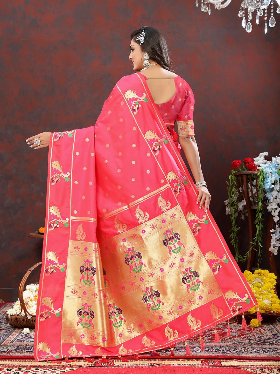 Lorenvalley Fashion Peach Soft Paithani Silk Woven Design Gold Zari Meenakari Weaving Saree