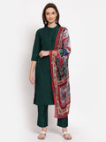 Myshka Women's Green Solid Cotton 3/4 Sleeve Mandarin Neck Casual Kurta Pant Dupatta Set