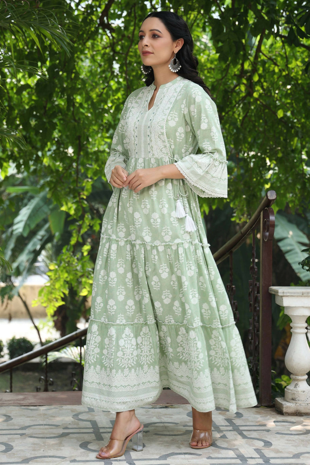 Juniper Women's Green Cambric Floral Printed Maxi Tiered Dress