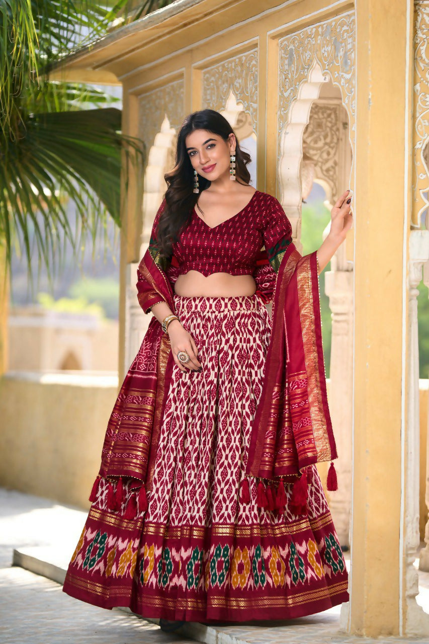 Vastranavya Designer Ikkat Print With Foil Work Lehenga Choli - Maroon