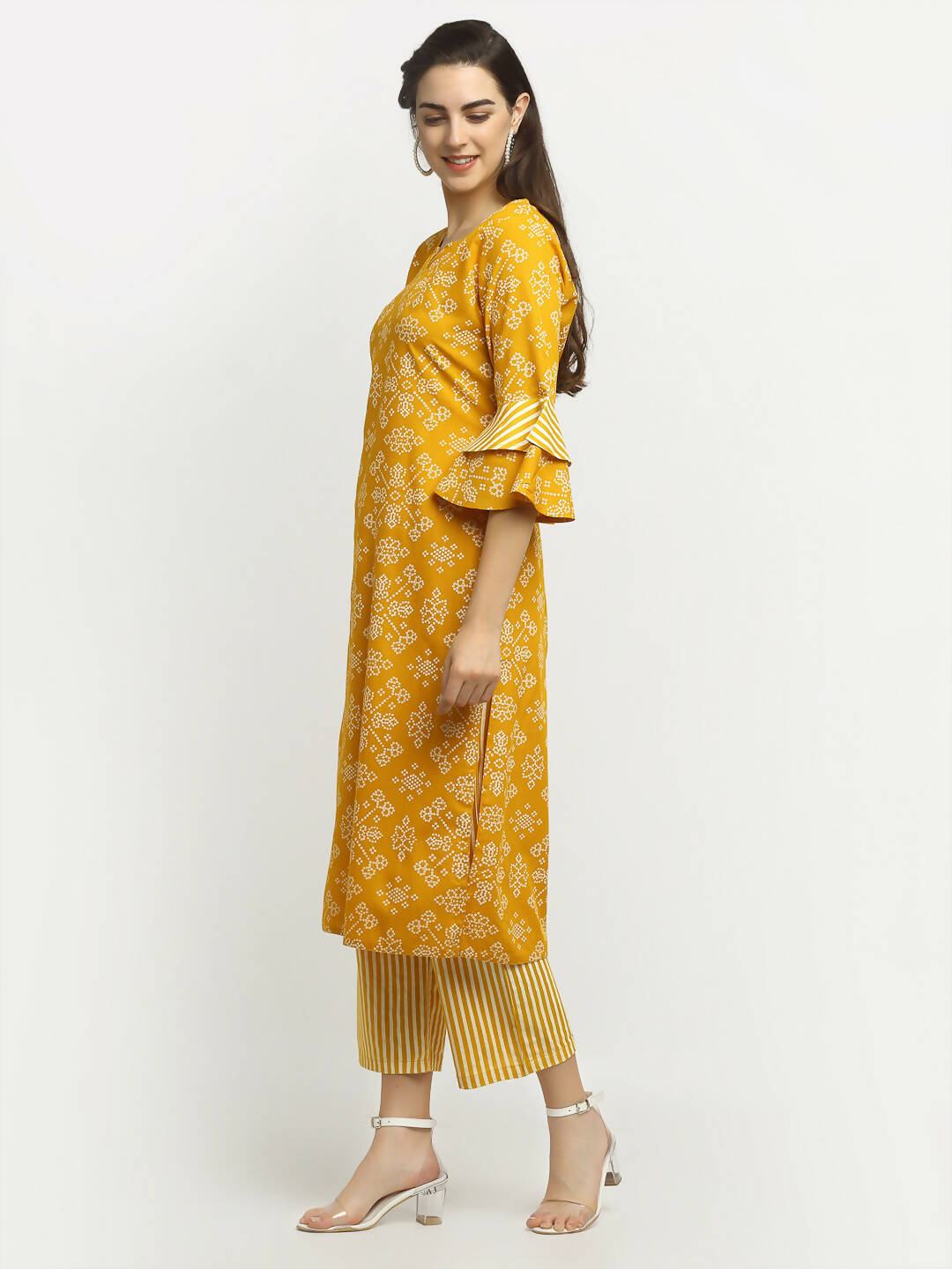 Rudra Bazaar Mustard Printed Bell Sleeve Straight Kurta with Striped Pyjamas