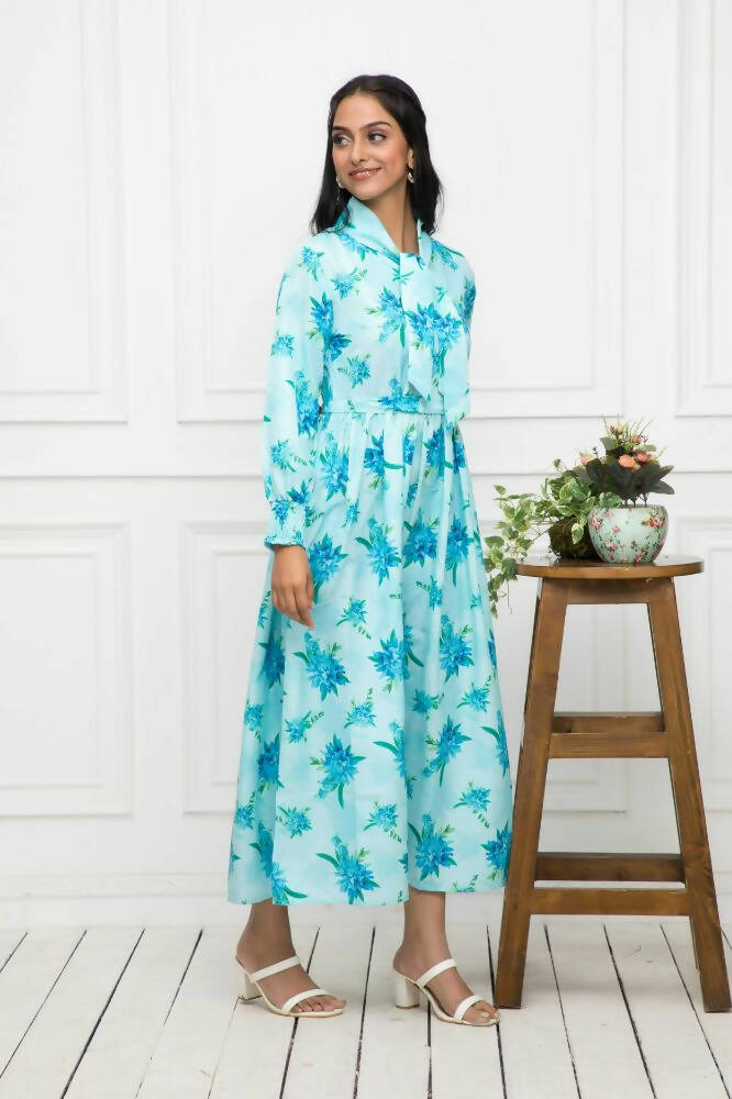 Myshka Women Blue Floral Rayon A-Line Shirt Collar Dress