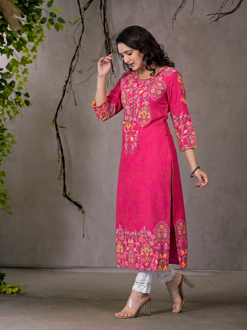 Juniper Women's Pink Thread Embroidered Liva Rayon Kurta With Sequins & Beads