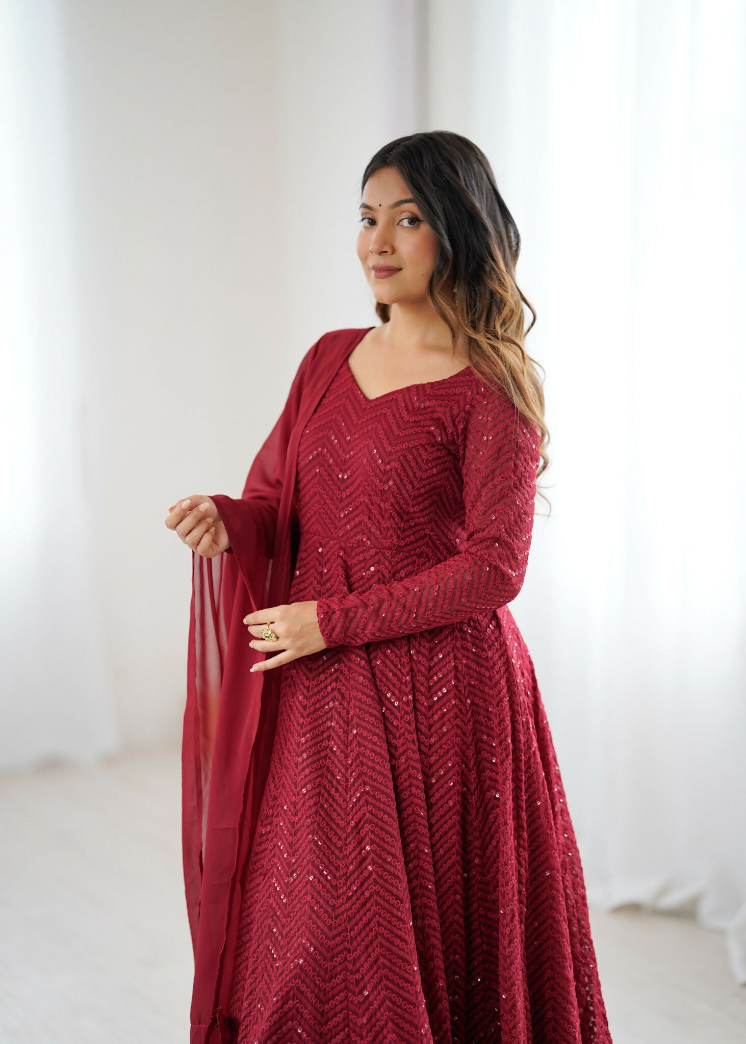 Joban Fashion Maroon Kurta Set Georgette Sequence Embroidery Work
