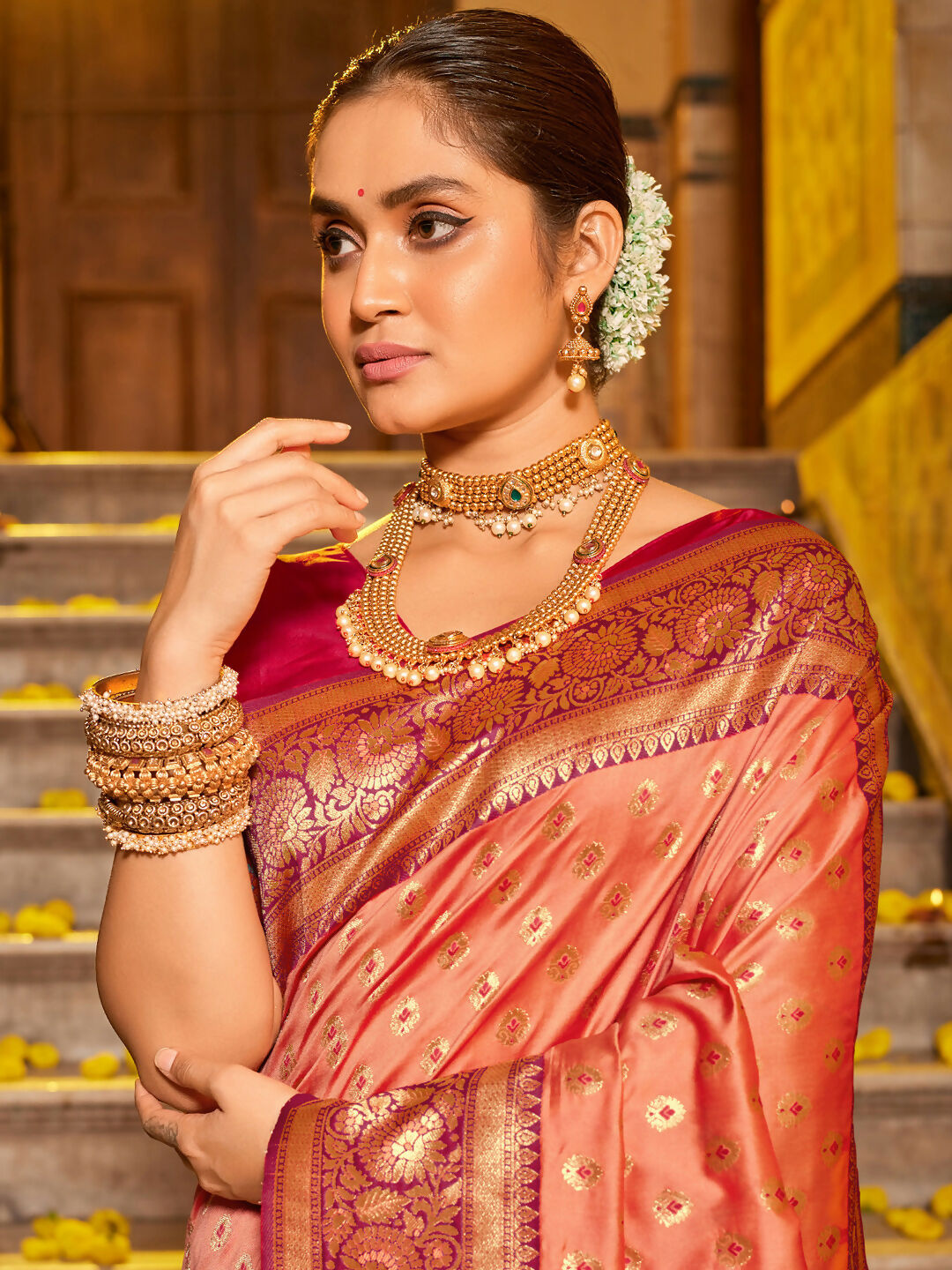 Shree Shyam Fashion Banarasi Silk Peach Saree
