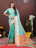 Lorenvalley Fashion Skyblue Cotton with Woven Design Zari Weaving Saree