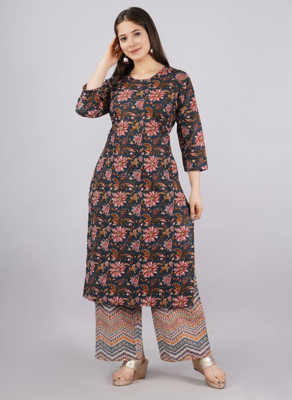 Vamika Printed Cotton Blue Party Wear/Casual Wear Kurta Set/Suit