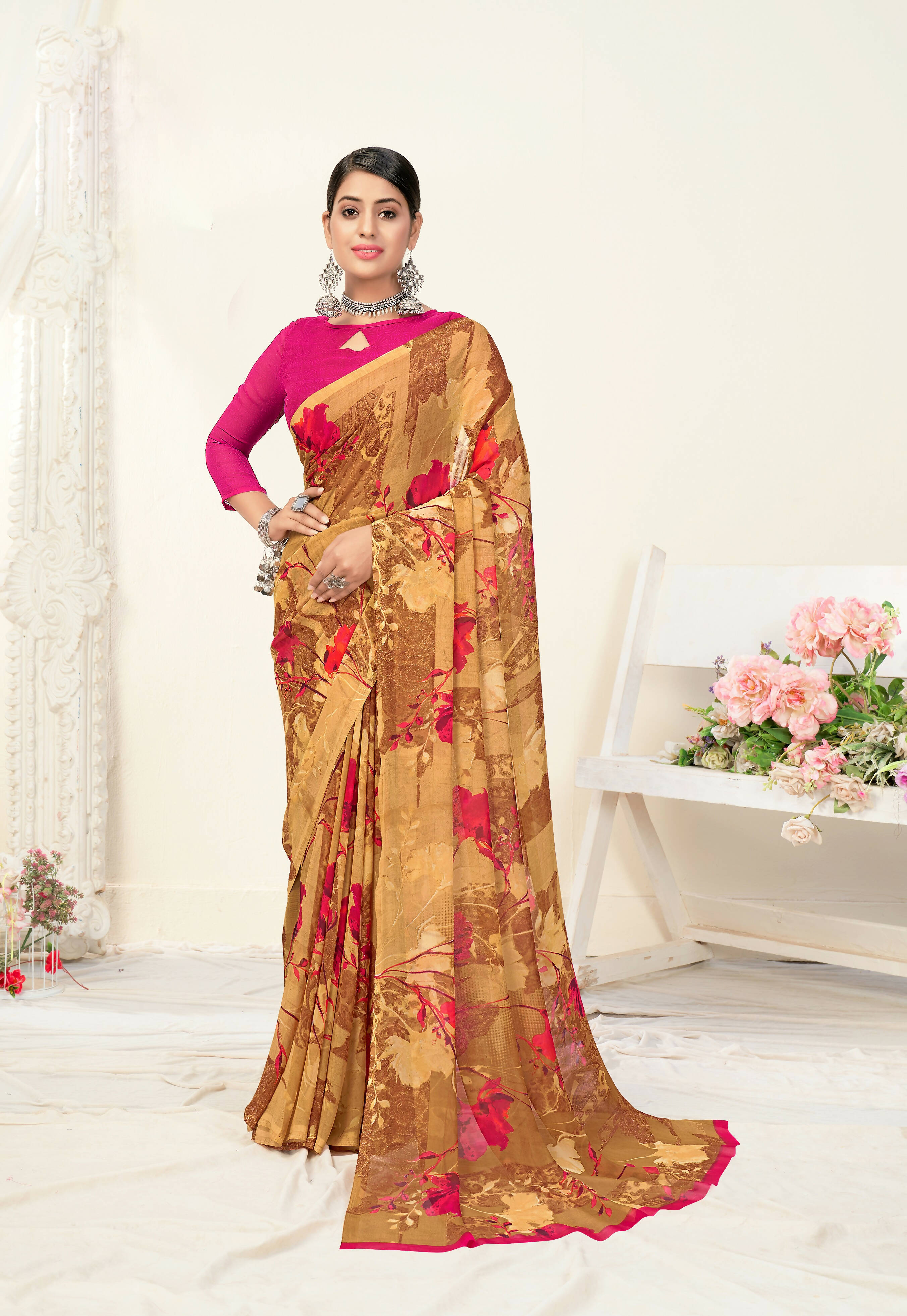 Brown Georgette Floral Printed Saree With Unstitched Blouse Piece - Jyoti
