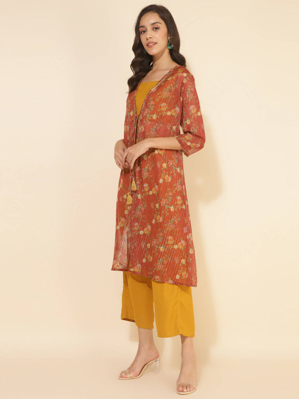 Janasya Women's Mustard Moss Solid Festive Crop Top Set