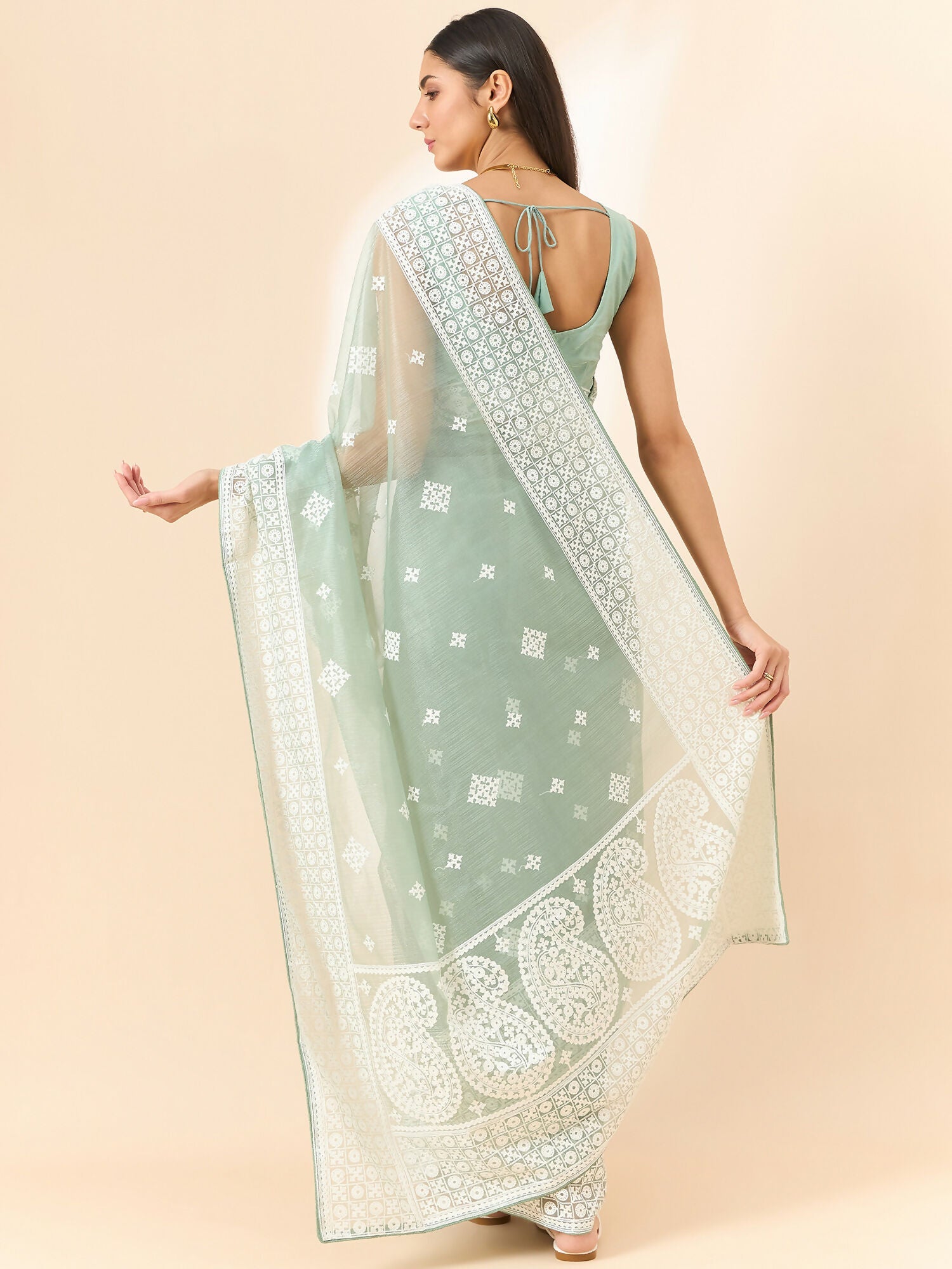 Green Organza Geometric Embroidered Saree with Unstitched Blouse Piece - Roozal