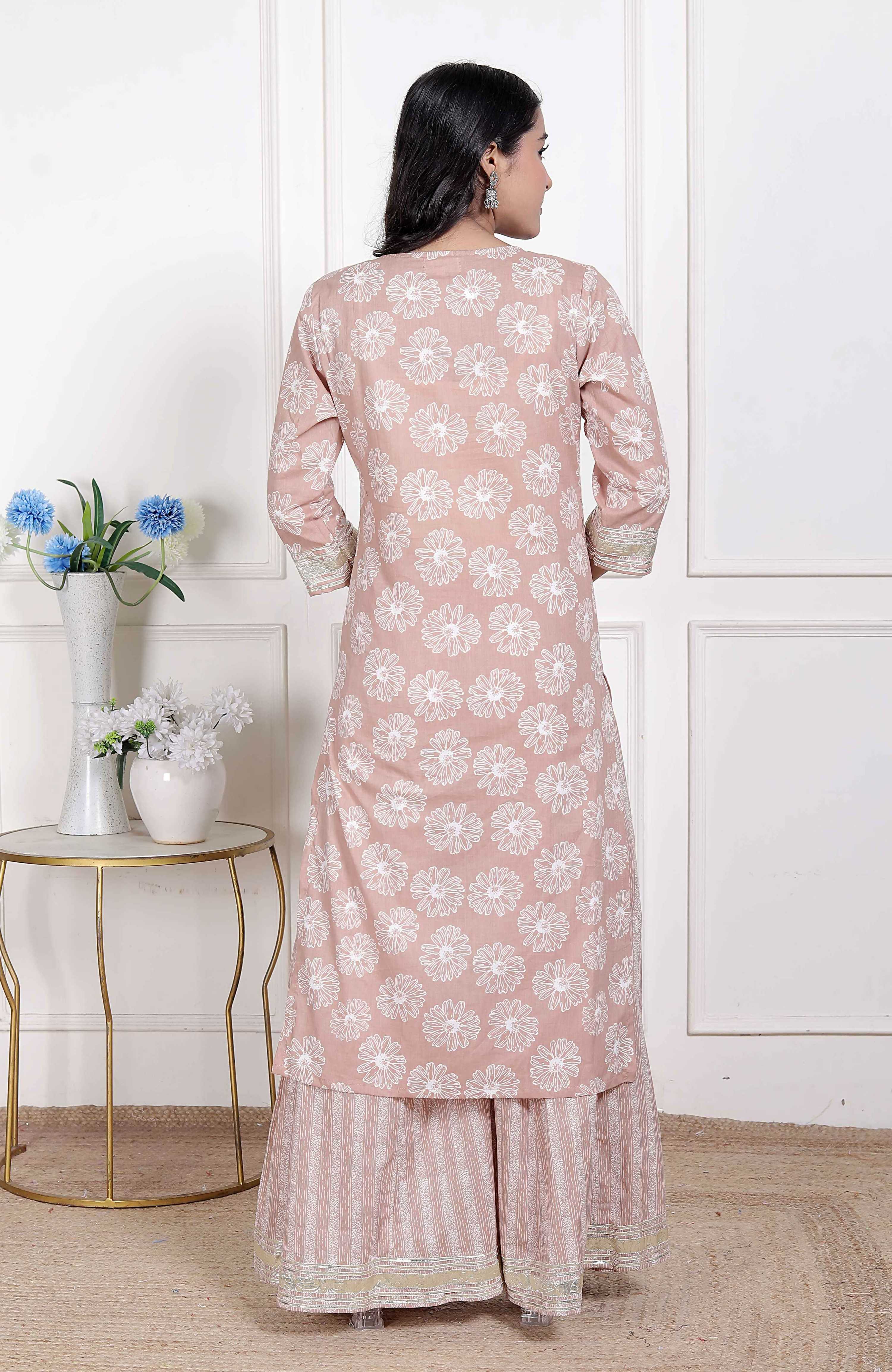 Miravan Women Brown Floral Printed Cotton Straight Ethnic Kurta with Palazzo and Dupatta