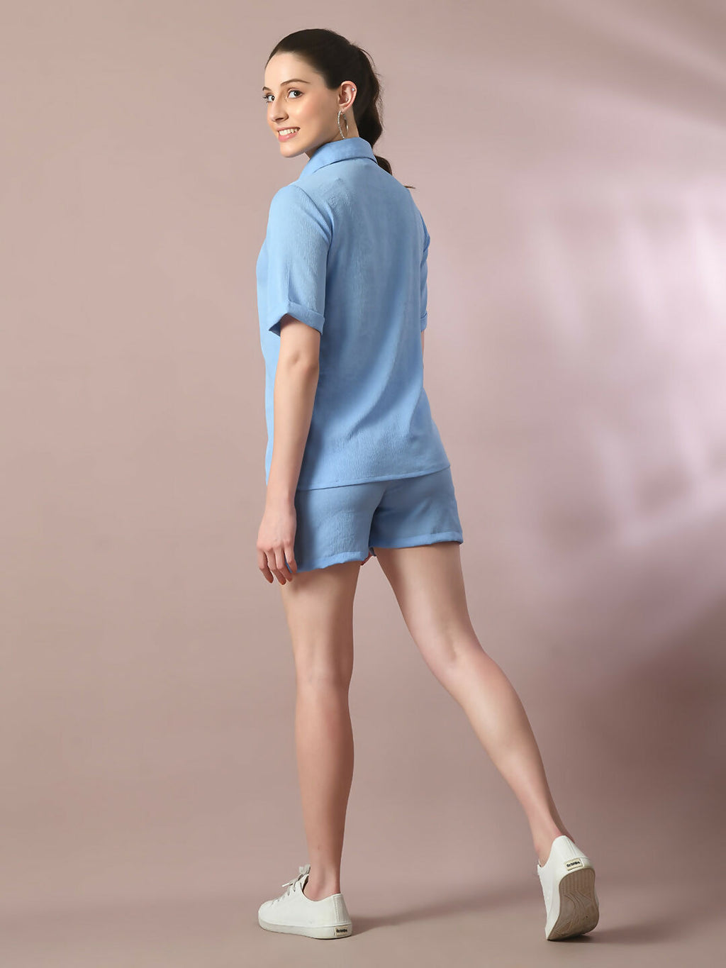 Myshka Women's Blue Solid Shirt Collar Party Shirt With Shorts Co-ord set