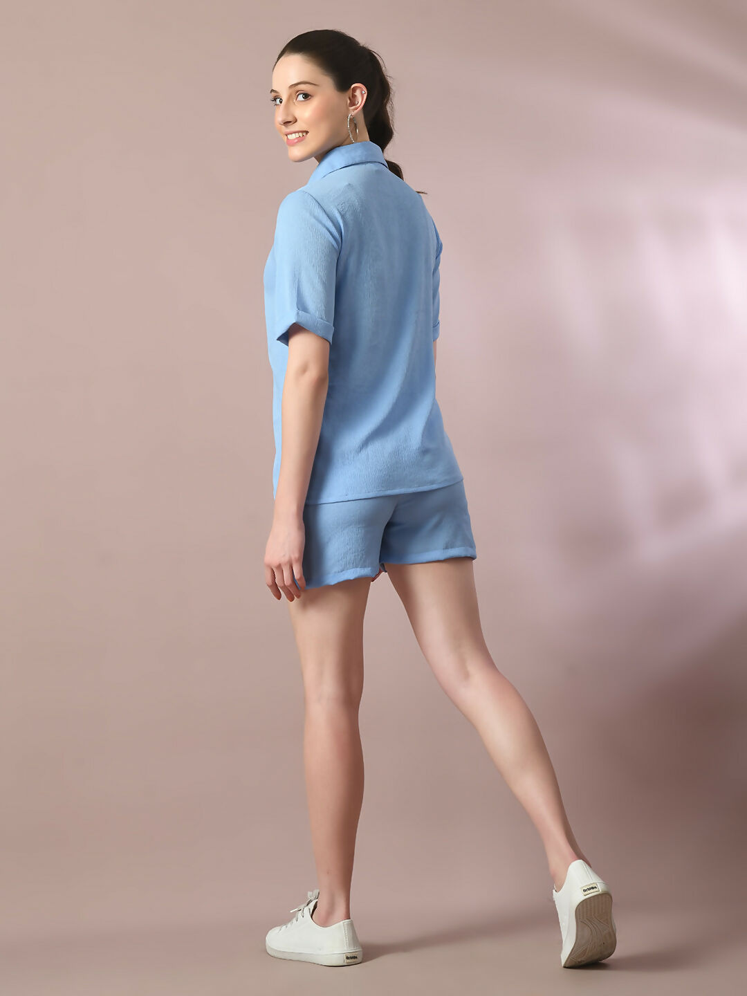Myshka Women's Blue Solid Shirt Collar Party Shirt With Shorts Co-ord set