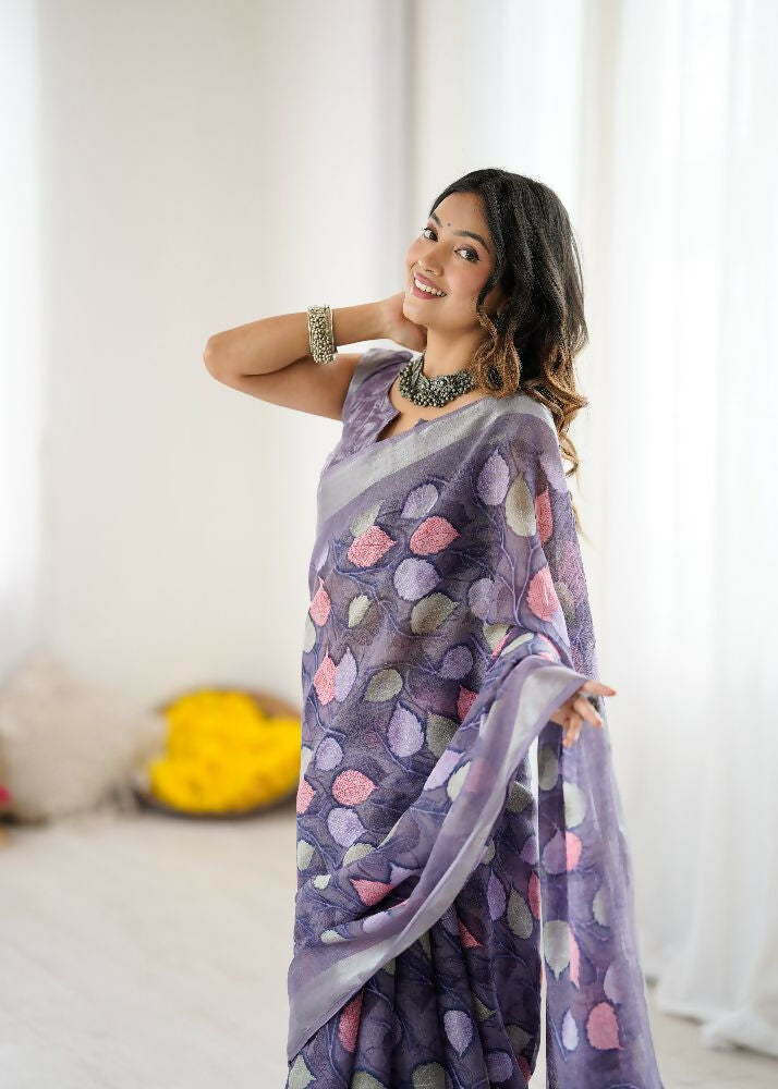 PR Fashion Lavender Linen Patta Printed Saree