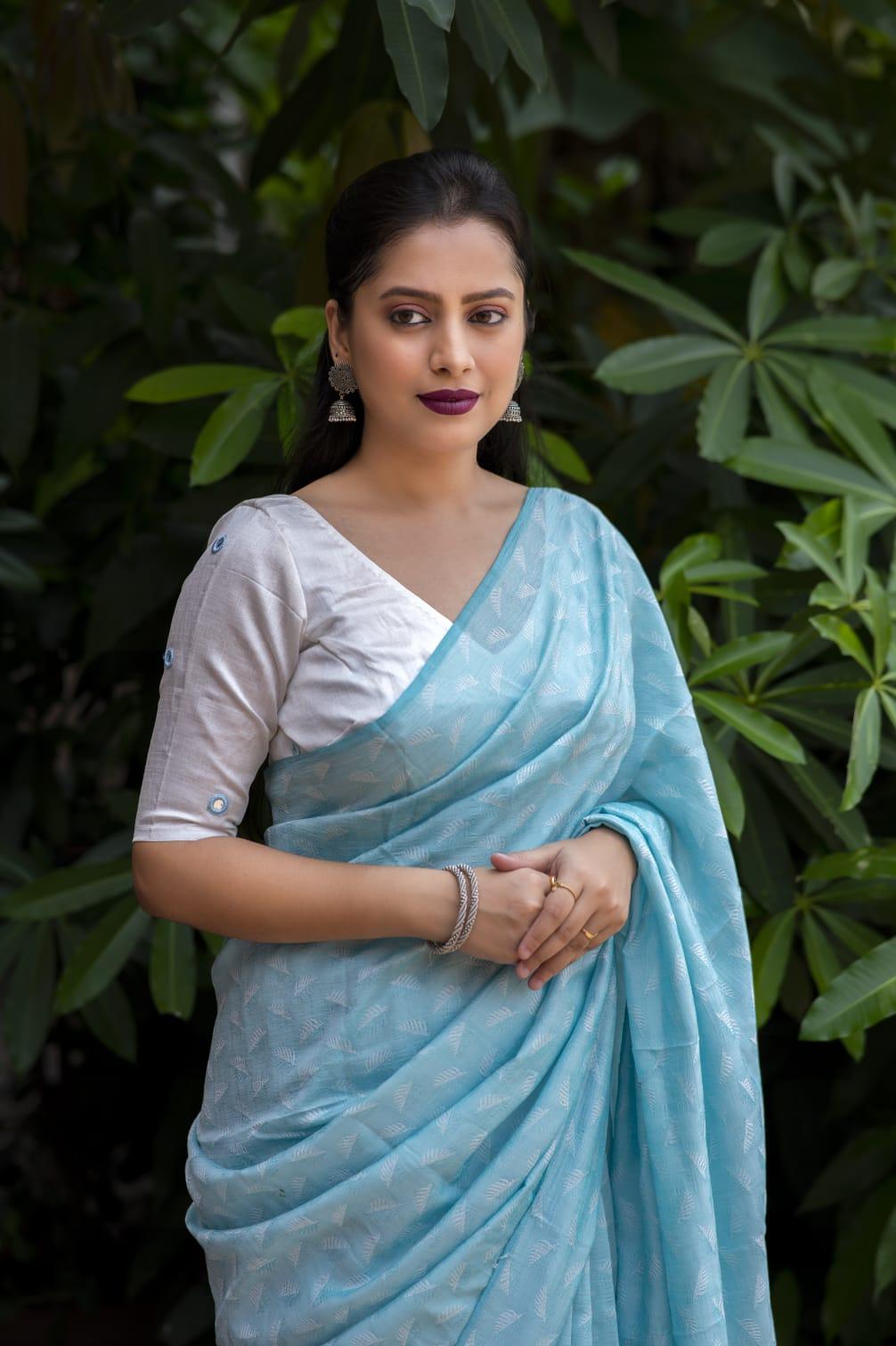 Sky Blue Poly Georgette Woven Design Saree with Unstitched Blouse - Hiral Fashion