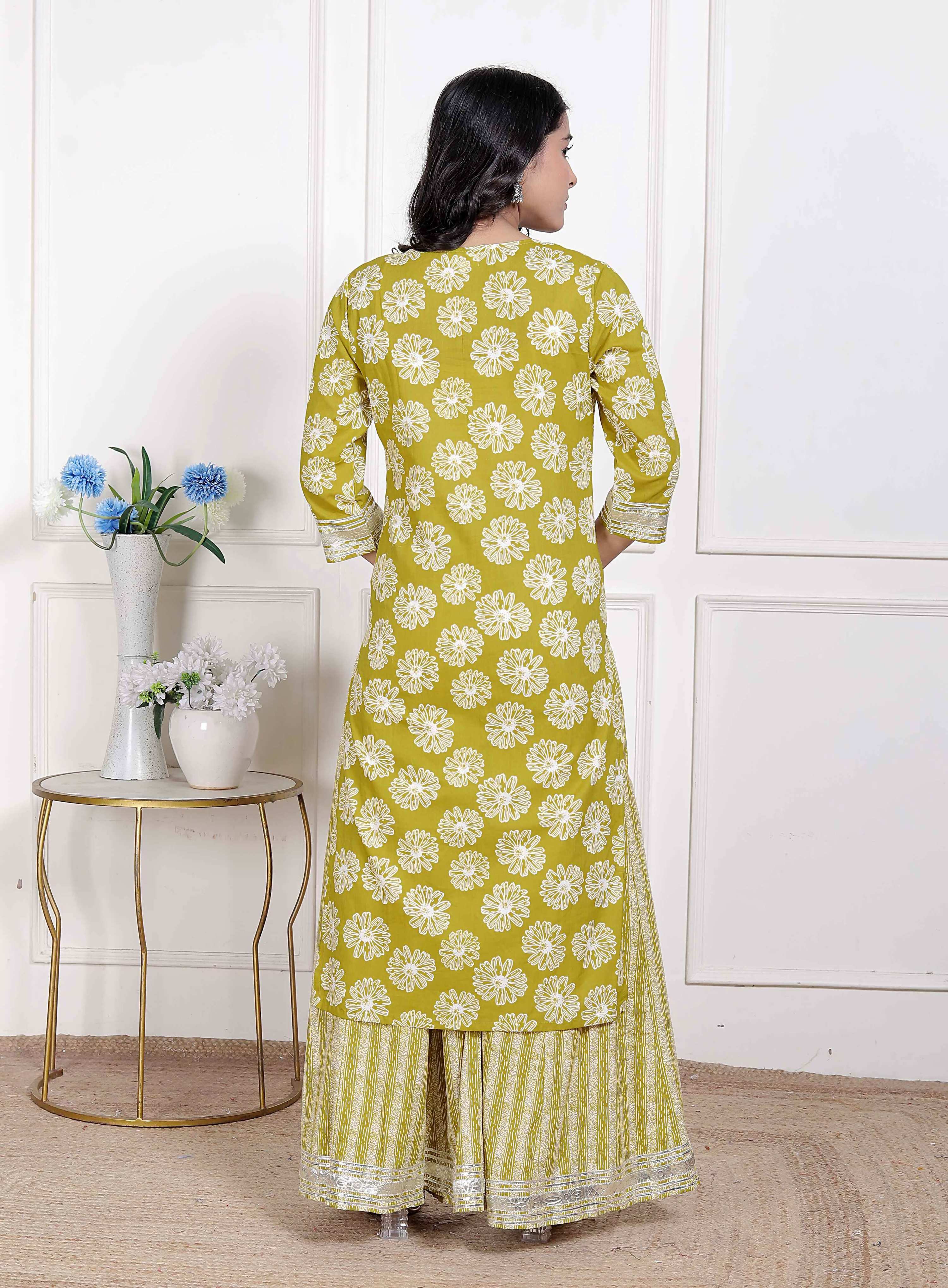 Miravan Women's Lime Yellow Block Printed Kurta with Palazzo