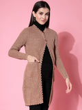 Women Self Design Long Brown Acrylic Winter Shrug - Wool Trees