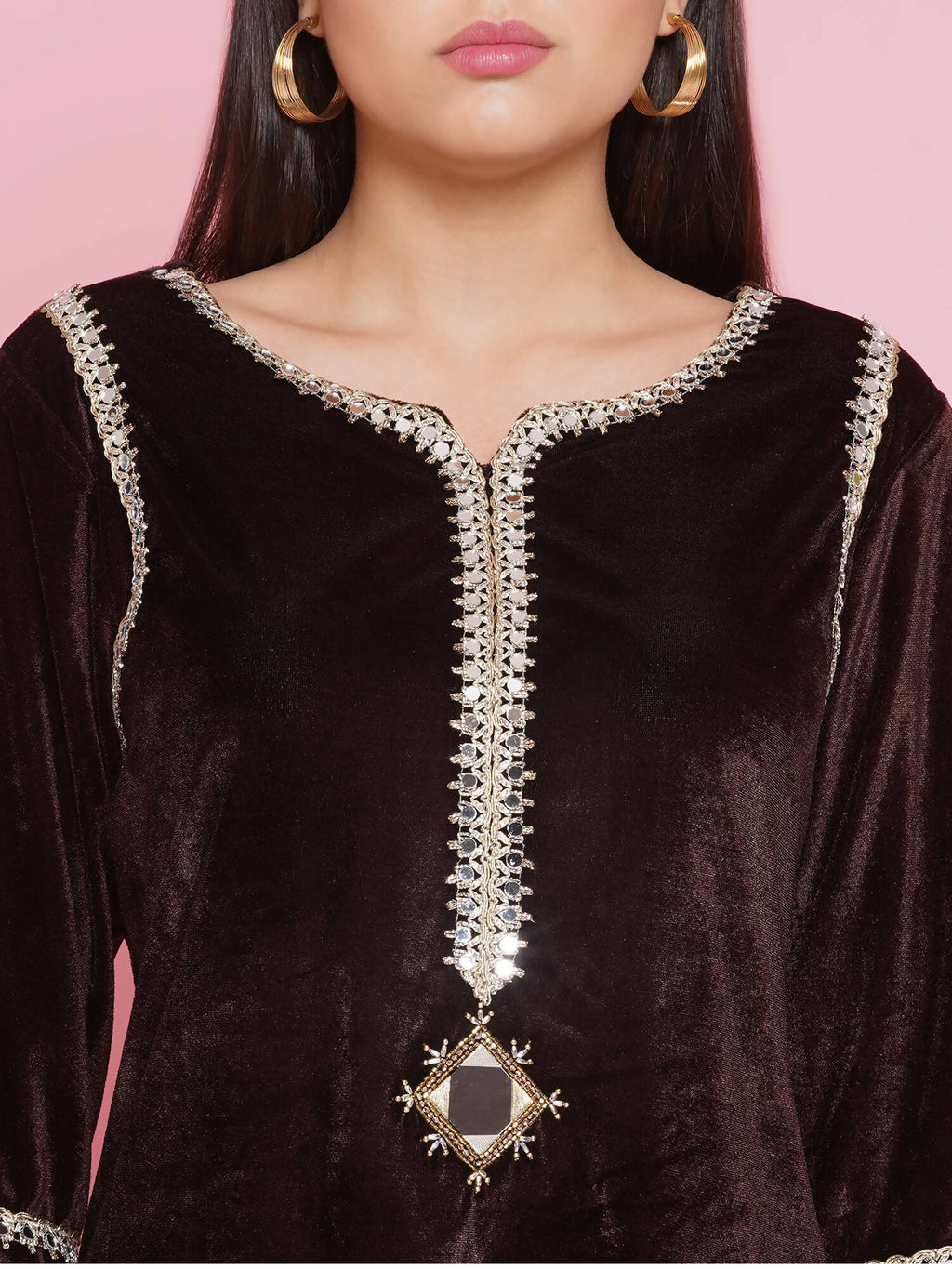 Women Republic Brown Velvet Embellished Co-Ord Set