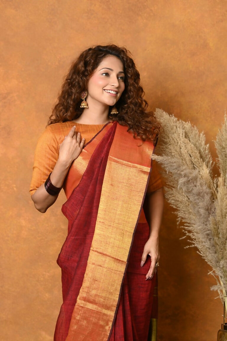 Very Much Indian Handloom Pure Cotton Linen Saree With Golden Border - Dark Maroon