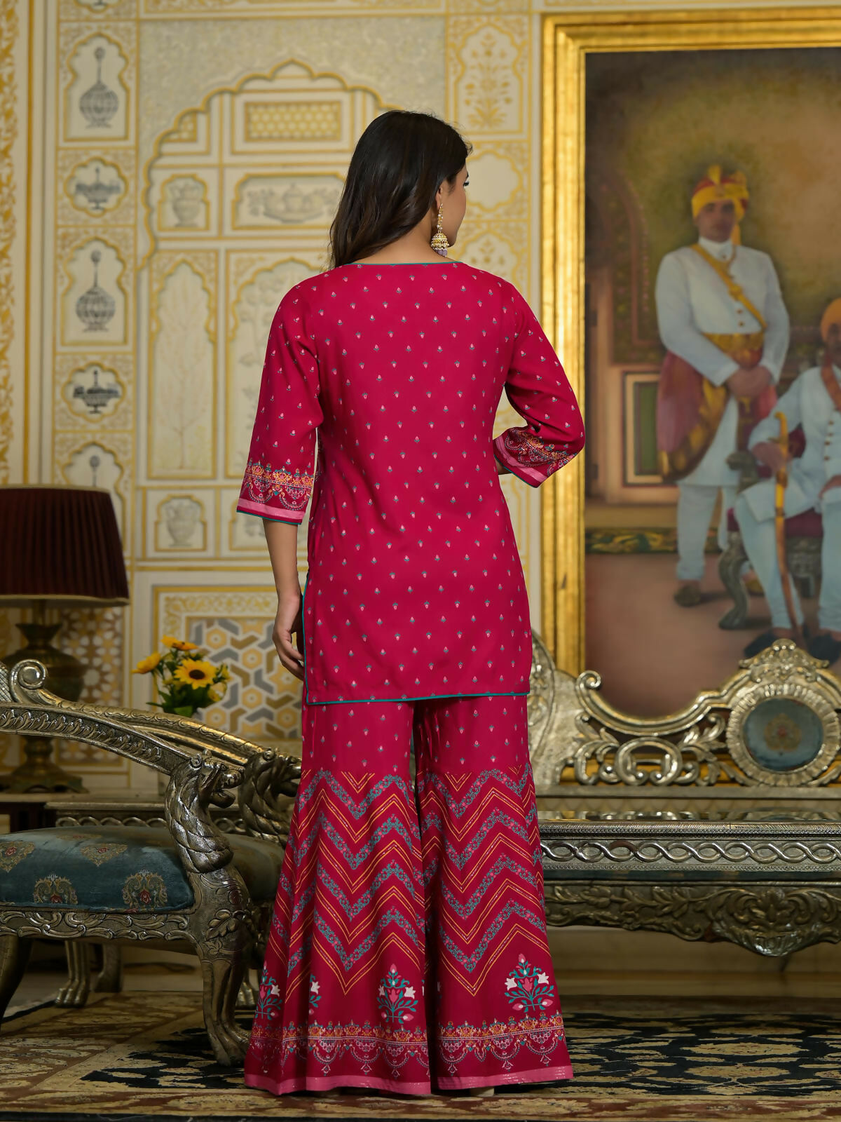 Juniper Women's Fuchsia Ethnic Motif Printed Liva Rayon Tunic Sharara and Dupatta Set With Sequins & Gota Patti Work