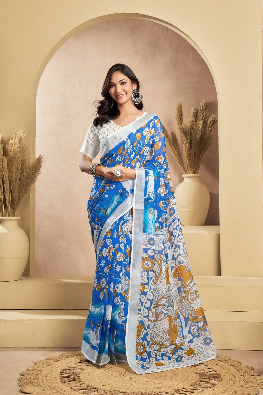 Vastranavya Blue Digital Printed Linen Ready To Wear Designer Saree with Unstitched Blouse