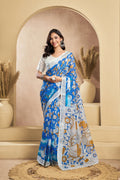 Vastranavya Blue Digital Printed Linen Ready To Wear Designer Saree with Unstitched Blouse