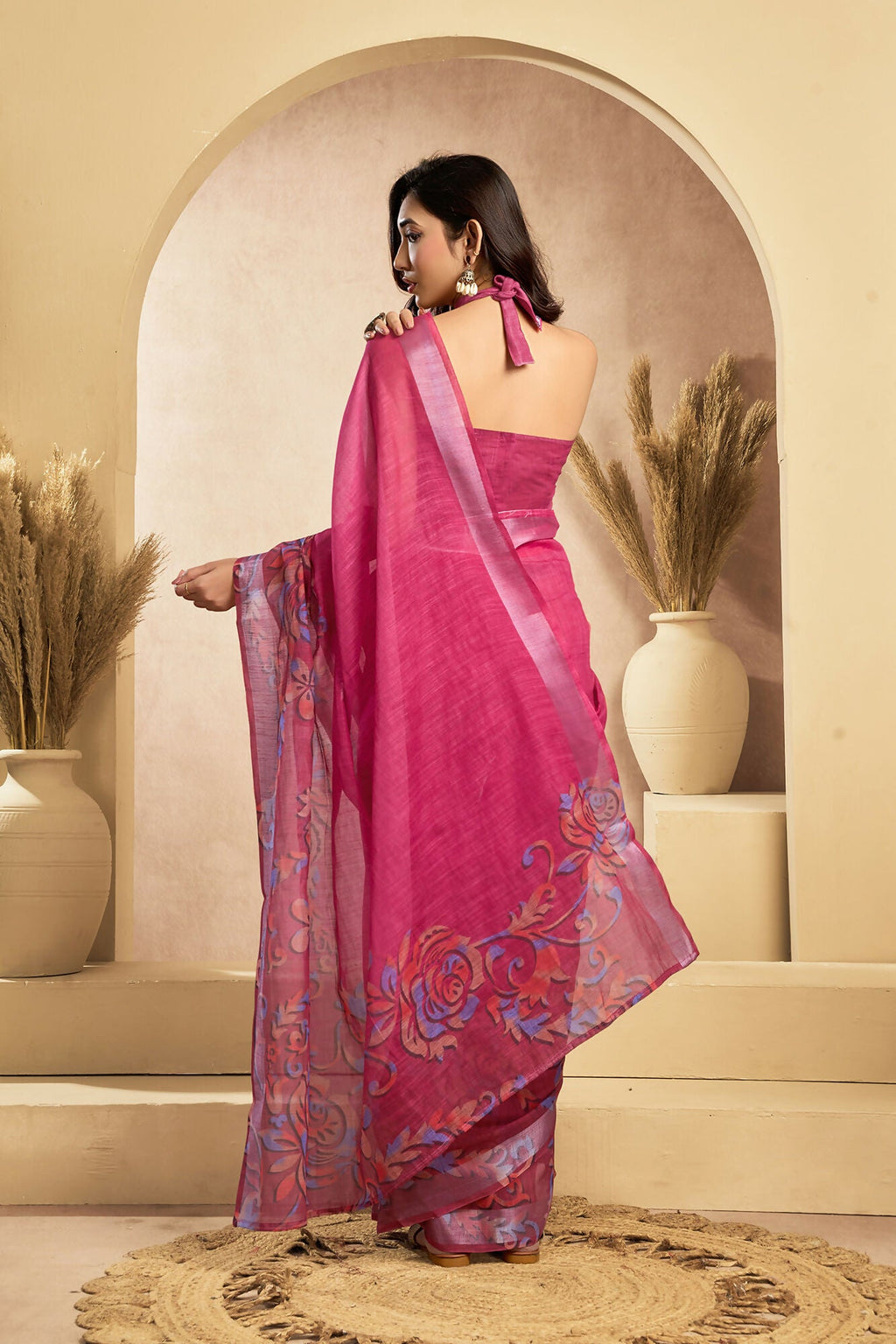 Vastranavya Pink Digital Printed Linen Ready To Wear Designer Saree with Unstitched Blouse