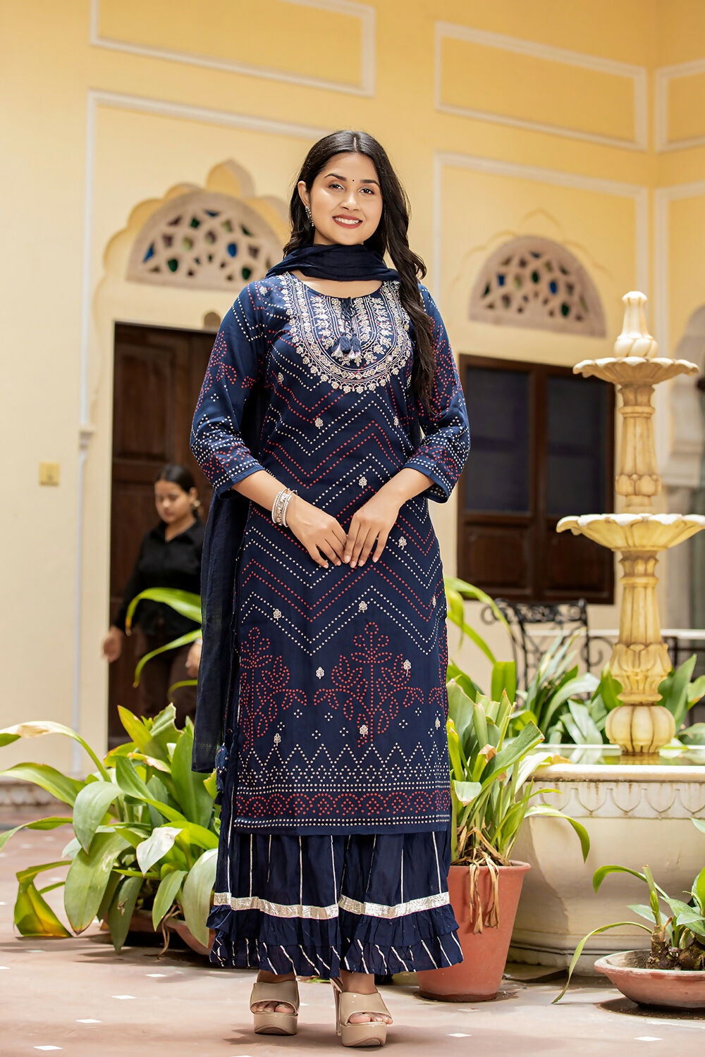 Kaajh Women's Navy Blue Embroidered Cotton Kurta Sharara Set With Dupatta