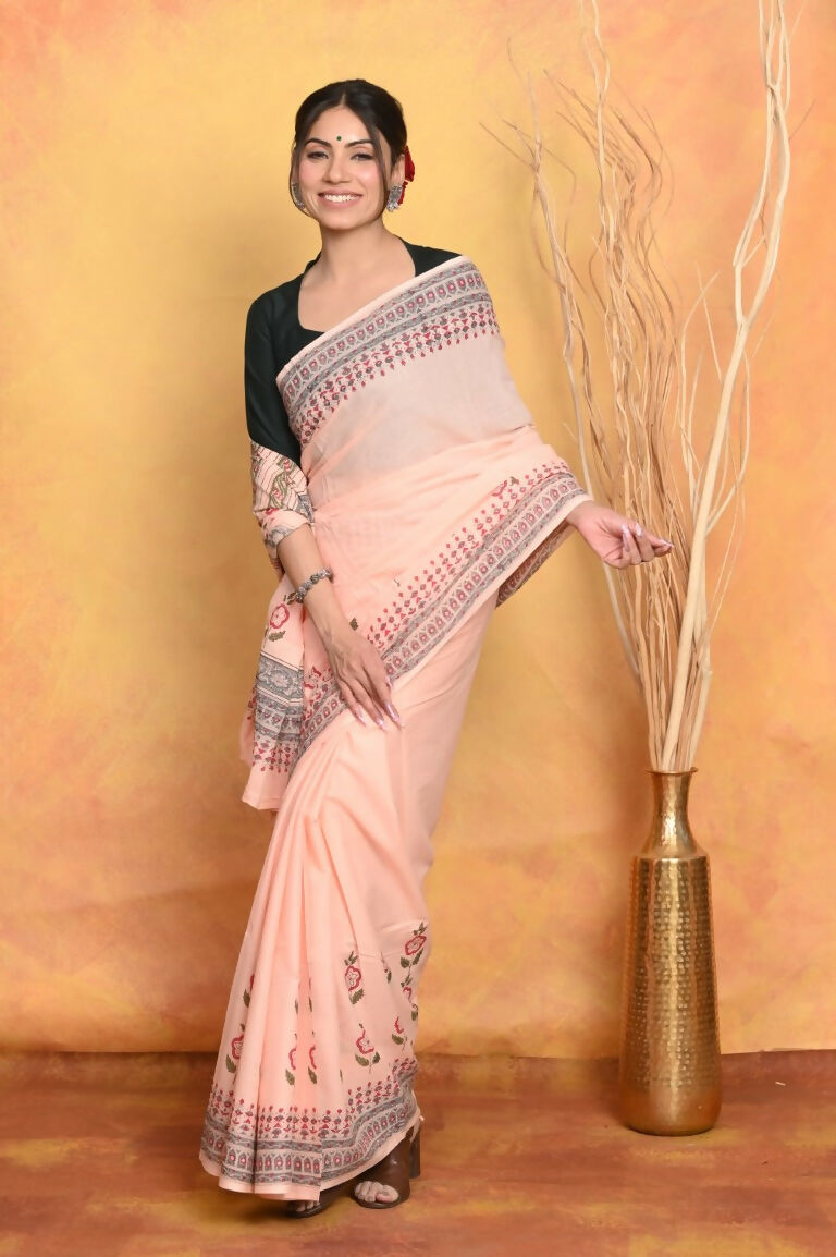 Very Much Indian Handblock Printed Cotton Saree With Natural Dyes - Peach