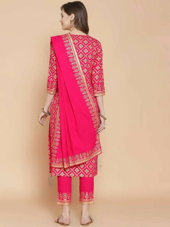 Vamika Foil Print Cotton Pink Party Wear/Casual Wear Kurta Set/Suit