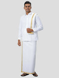 Ramraj Cotton Mens Poly Cotton 1" Gold Jari Dhoti With Towel Set - White