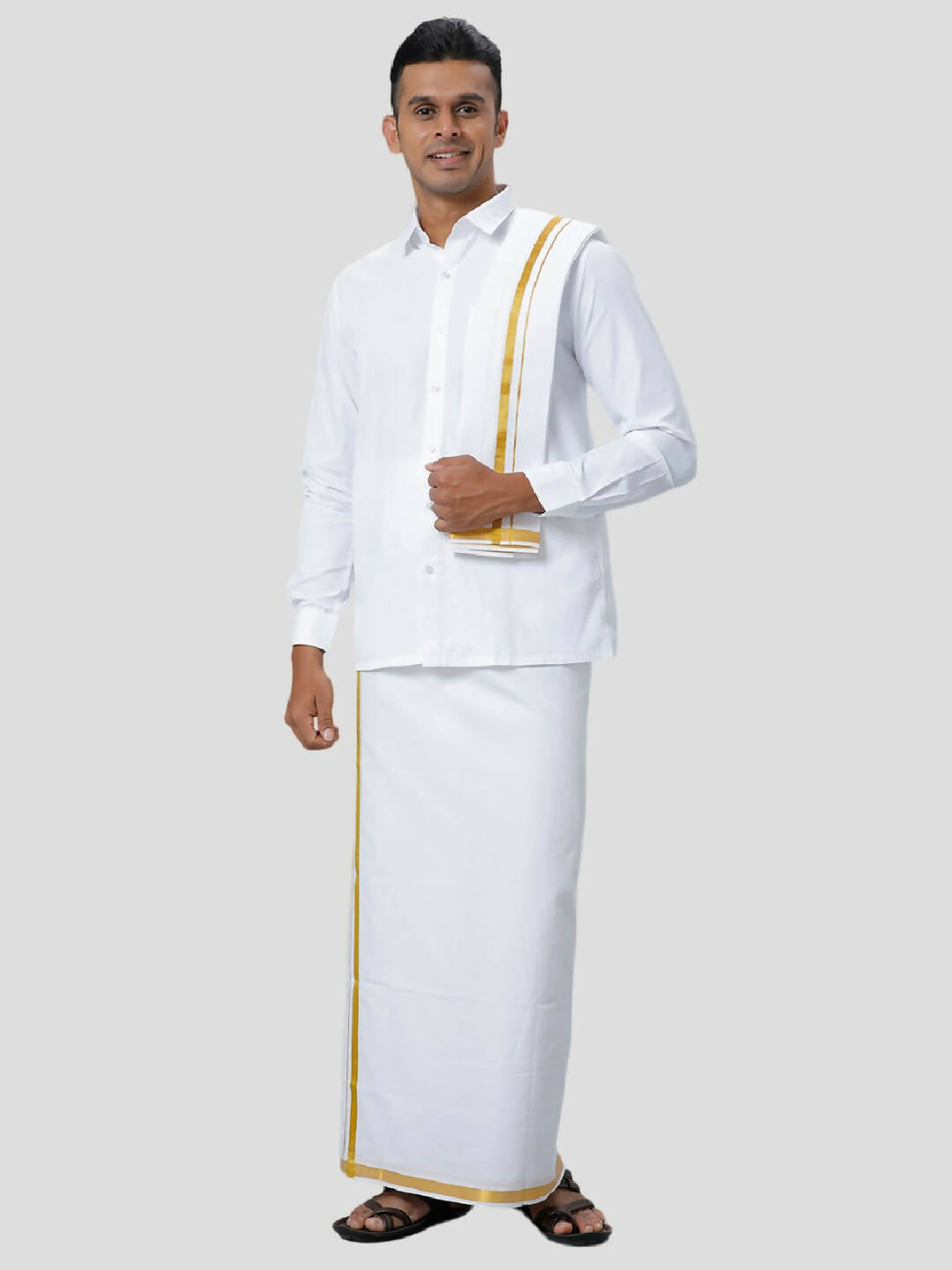 Ramraj Cotton Mens Poly Cotton 1" Gold Jari Dhoti With Towel Set - White