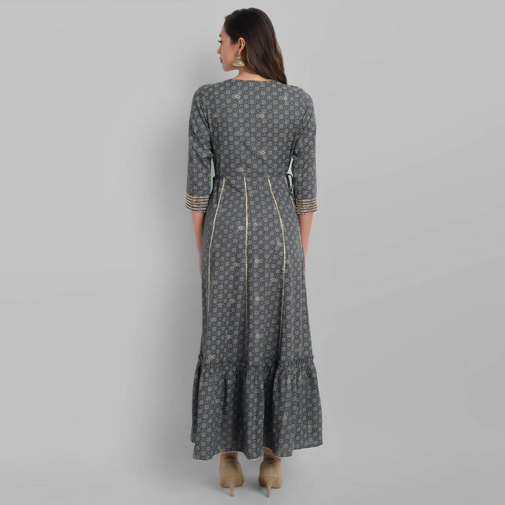 Juniper Grey Rayon Festive Wear Embroidered Tiered Long Dress