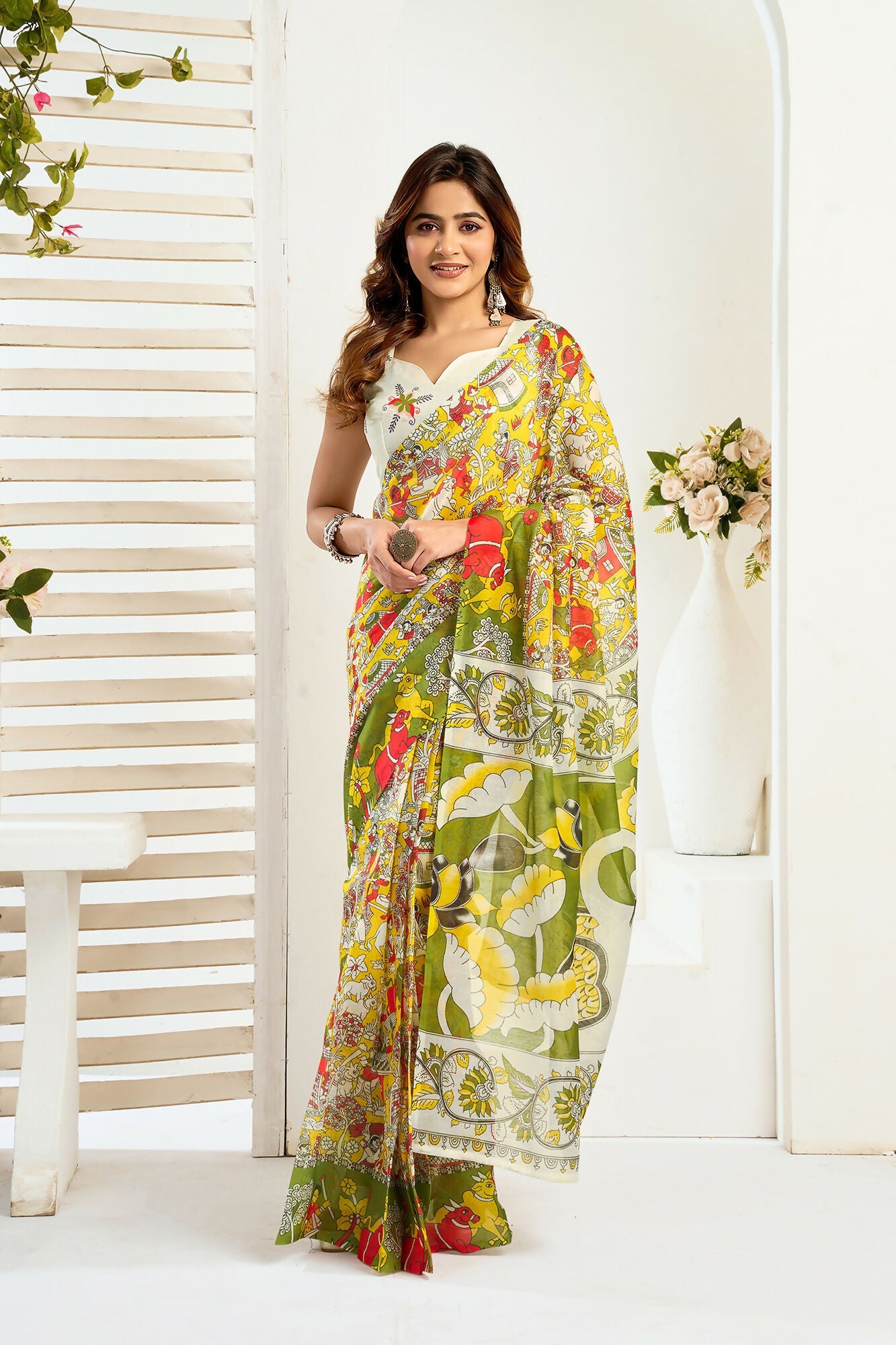 Vastranavya Yellow Digital Printed Linen Ready To Wear Designer Saree with Unstitched Blouse