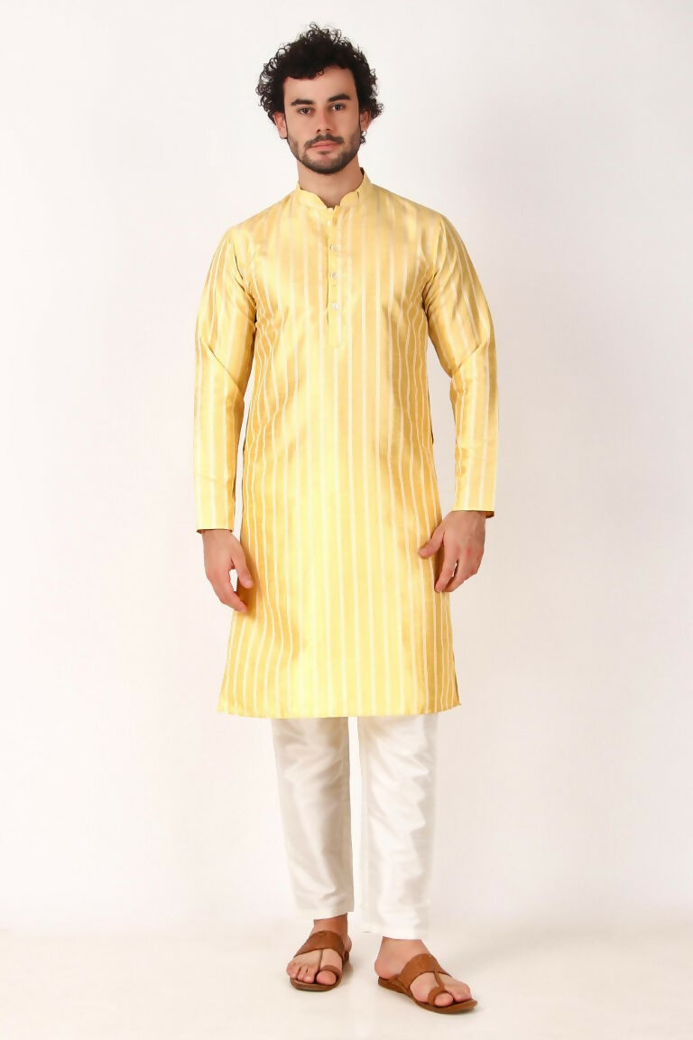 Lemon Art Silk Woven Designer Men's Rajwadi Kurta Set - Mahotsav