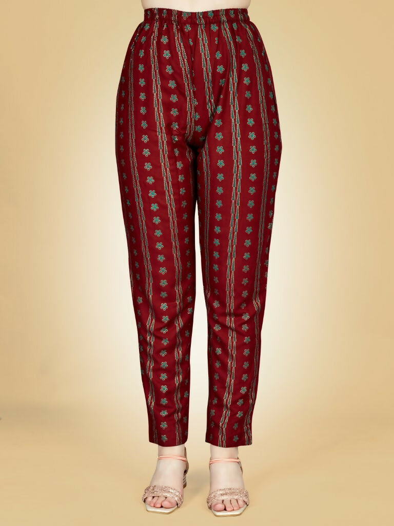 Jyoti Fashion Women's Maroon Viscose Rayon Embroidered Kurta Pant Set