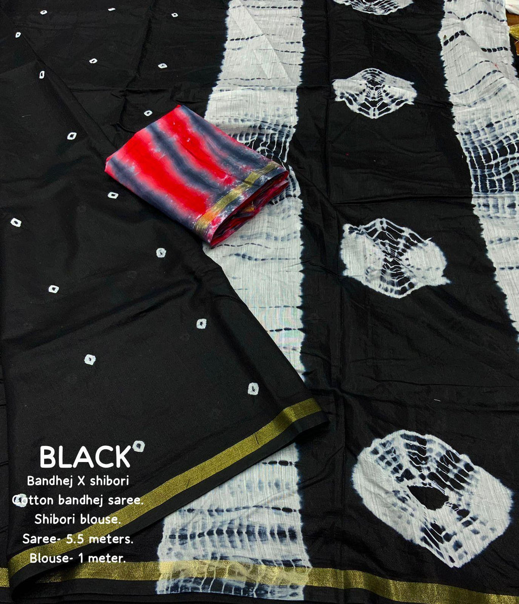 Black Chanderi Cotton Block Print Saree with Unstitched Blouse - Hiral Fashion