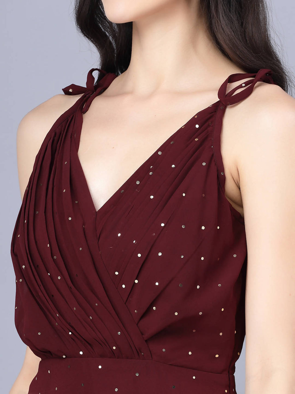 Myshka Georgette Solid Sleeveless Shoulder Straps Maroon Women Dress