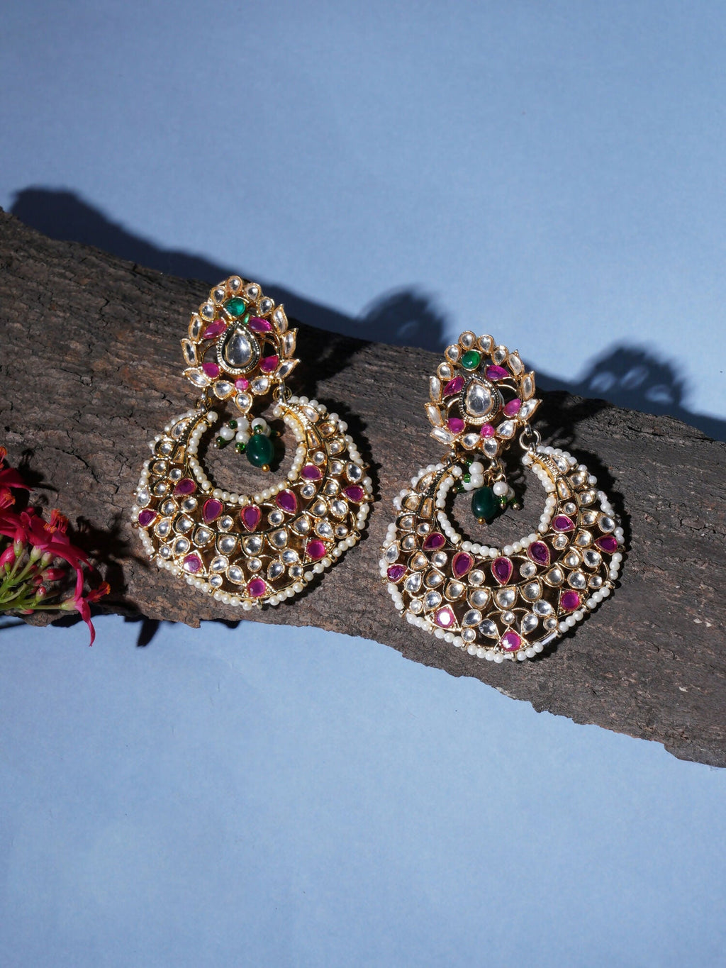 Kundan Chand Earrings (Gold) - Ruby Raang