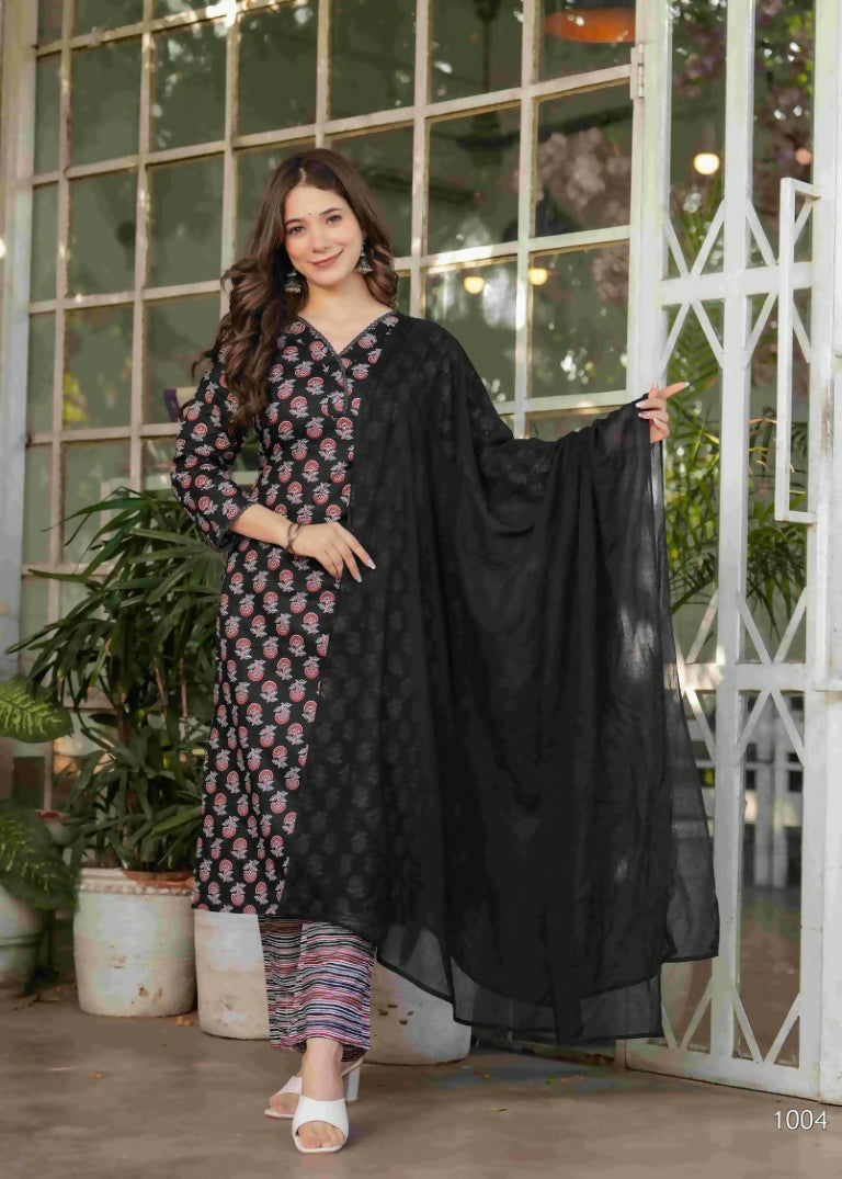 Black Pure Cotton Printed Anarkali Suit with Dupatta - Rashmika