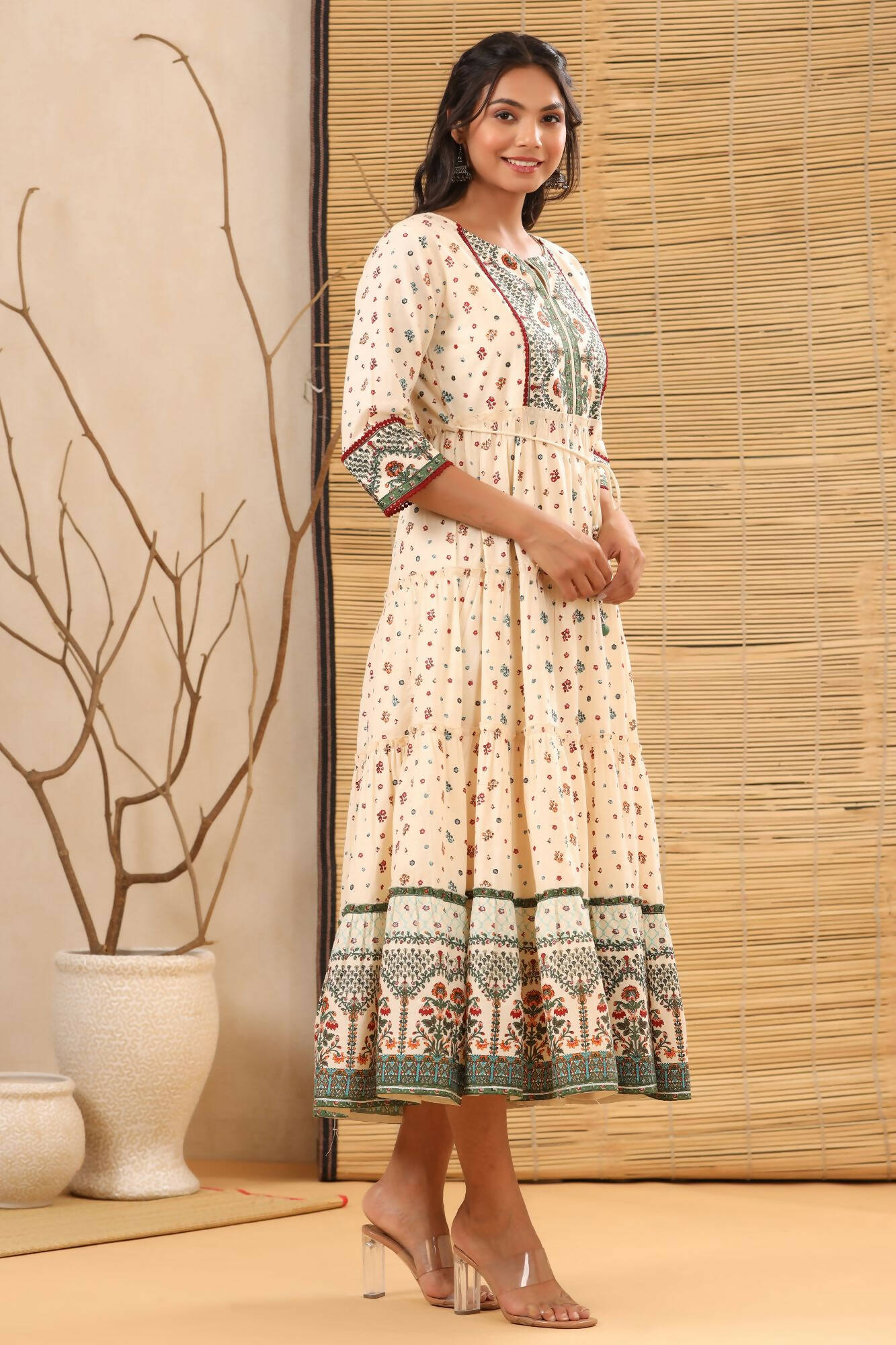 Juniper Women Ivory Cambric Printed Tiered Dress