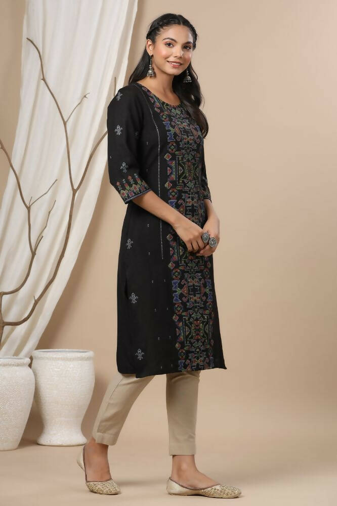 Juniper Women Black Rayon Flex Printed Straight Kurta