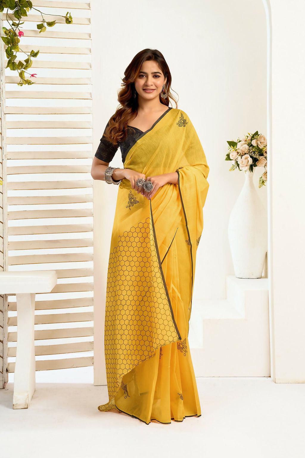 Vastranavya Mustard Digital Printed Linen Ready To Wear Designer Saree with Unstitched Blouse